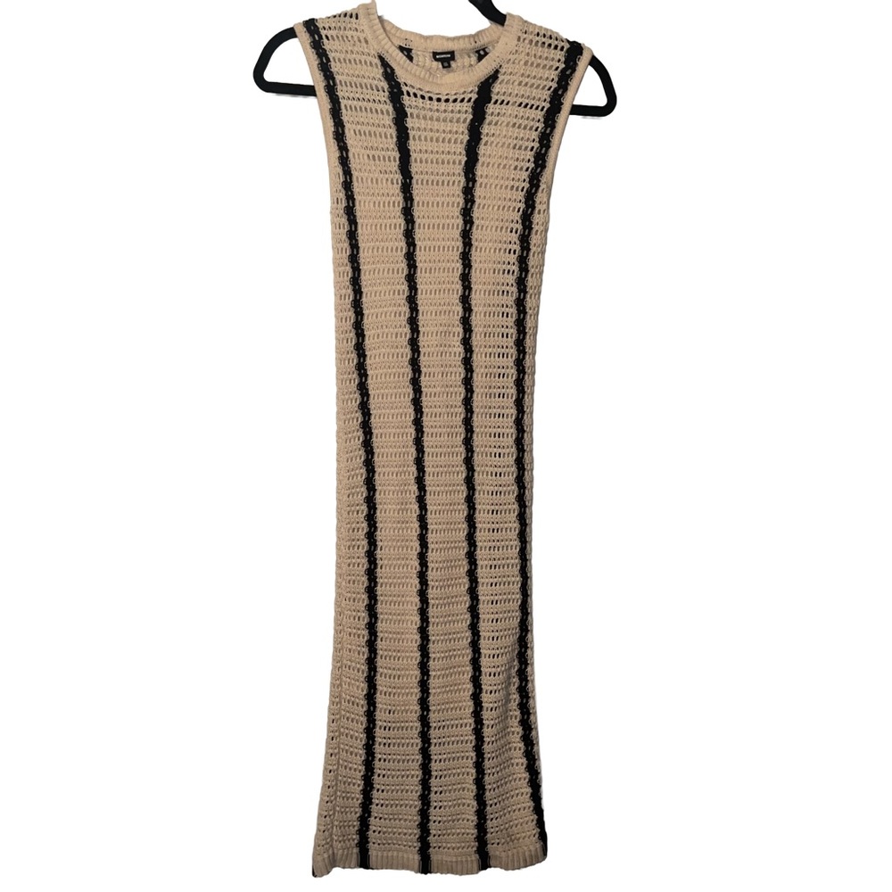 Monrow Midi Crochet Open Knit Tank Dress Cover Up Cream Black Stripe Size XS
